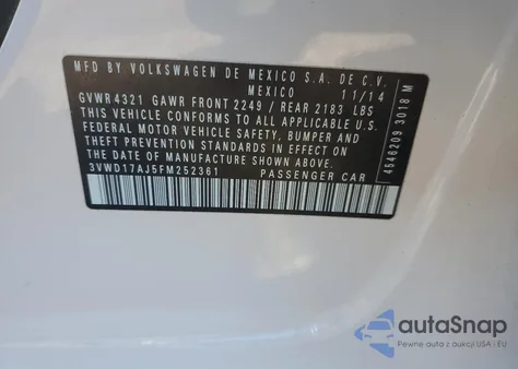 2015 Volkswagen Jetta Se z USA, uszkodzony, nr VIN 3VWD17AJ5FM252361